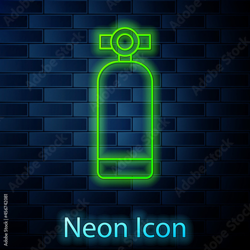 Glowing neon line Aqualung icon isolated on brick wall background. Oxygen tank for diver. Diving equipment. Extreme sport. Diving underwater equipment. Vector