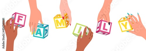 Hands collect cubes. Family cooperation and teamwork. Multiethnic group of people hands hold letters, teambuilding for workers. Horizonal banner. Vector cartoon flat style isolated concept