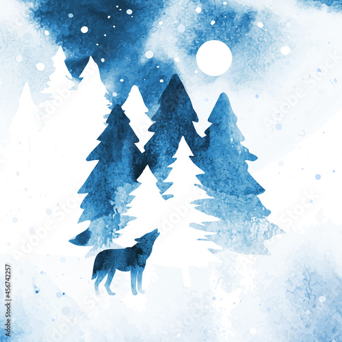 Silhouette of wolf howling at the moon. Watercolor winter landscape with isolated animal, sky, moon and coniferous forest in blue color. Watercolor wolf vector illustration
