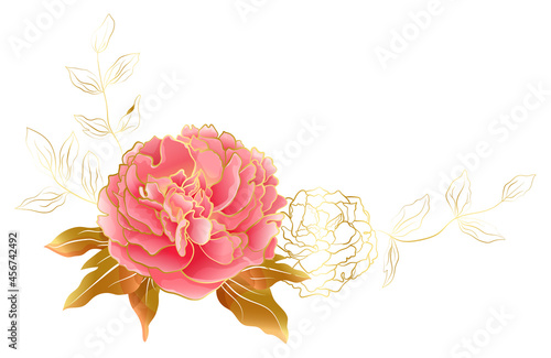 Floral decorative vignette with pink and gold peonies flowers
