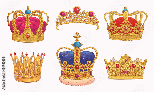 Set of hand drawn golden crowns. Vector illustration
