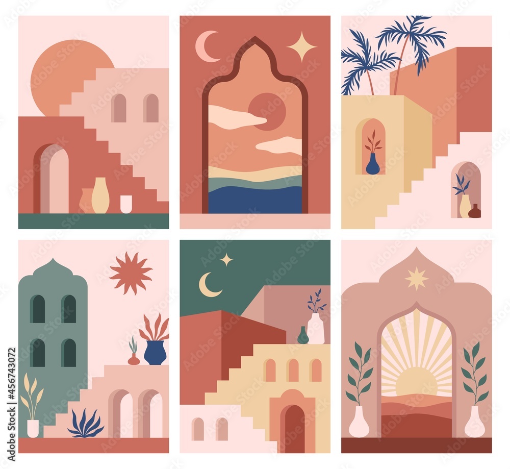 Abstract architecture posters. Simple geometric staircases and eastern arches, moroccan style simple contemporary cards, trendy boho doors and windows, sun moon and stars vector isolated set