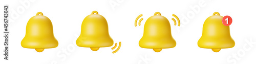 3d notification bell icon set isolated on white background. 3d render yellow notification ringing bell for social media reminder. Realistic vector icon
