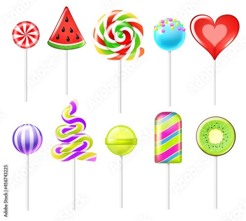 Realistic candies lollipops. 3D sweet colourful fruit caramels on sticks different types, christmas cane, round spiral, red heart, kiwi and watermelon isolated objects, kids sugar vector set