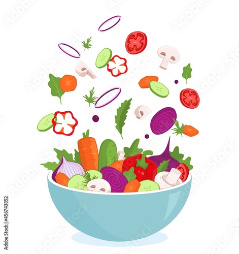 Fototapeta Naklejka Na Ścianę i Meble -  Vegetables fly bowl. Salad preparation. Mixing cooking ingredients. Blending different food. Cutting tomatoes and lettuce leaves. Healthy natural green snack. Vector dieting nutrition