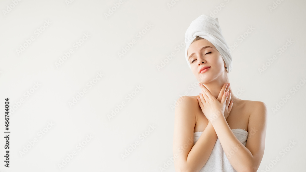 Spa procedure. Inspired woman. Skincare treatment. Advertising background. Pretty lady covering in towel enjoying smooth skin isolated white copy space. Spa procedure. Inspired woman. Skincare treatment. Advertising background. Pretty lady covering in towel enjoying smooth skin isolated white copy space.