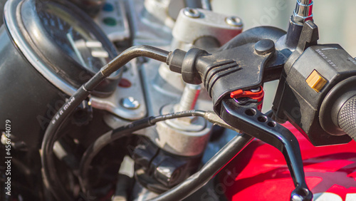 close up of a motorcycle handbrake system