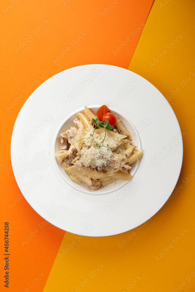 Pasta with cheese and tomatoes. In a plate. Pasta with cheese and tomatoes. In a plate.