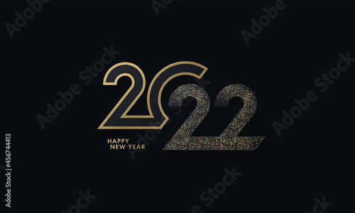 Happy New Year modern design with 2022 glittering black and gold numbers on night sky background. Minimalistic trendy background for branding, banner, cover, greeting card