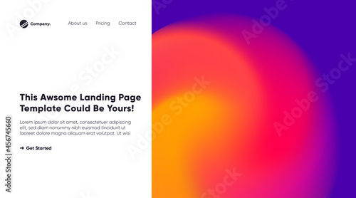 Landing page vector template. Business homepage web page. gradient blur composition. Glowing cosmic effect on dark blue background. 