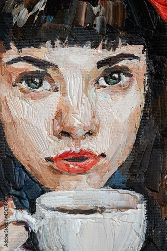 .The girl in the red beret..A woman is drinking coffee in a cafe. Oil painting on canvas.