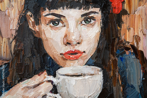 Fototapeta Naklejka Na Ścianę i Meble -  .The girl in the red beret..A woman is drinking coffee in a cafe. Oil painting on canvas.