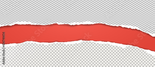 Torn, ripped white squared paper strips with soft shadow are on red background for text. Vector illustration
