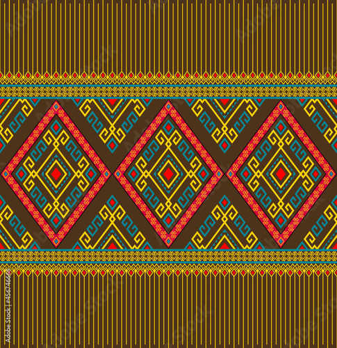 Yellow Green Ethnic or Native Seamless Pattern on Brown Background in Symmetry Rhombus Geometric Bohemian Style for Clothing or Apparel,Embroidery,Fabric,Package Design