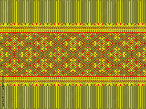 Yellow Red Ethnic or Tribe Seamless Pattern on Green Background in Symmetry Rhombus Geometric Bohemian Style for Clothing or Apparel,Embroidery,Fabric,Package Design