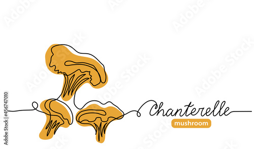 Chanterelle wild mushrooms simple vector illustration. Single line art drawing with lettering chanterelle mushroom