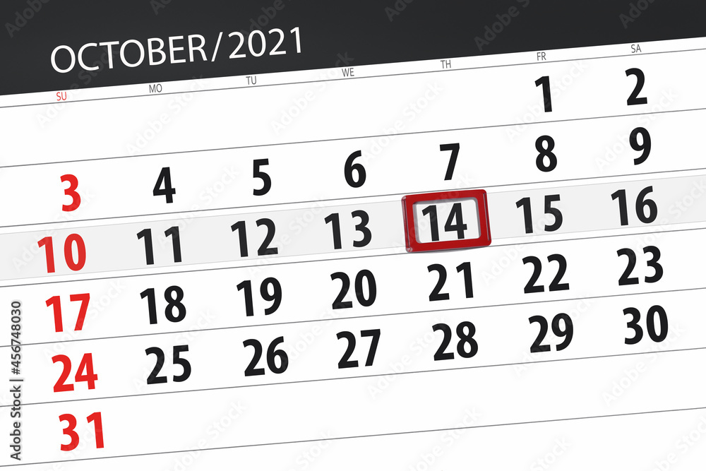 Fototapeta premium Calendar planner for the month october 2021, deadline day, 14, thursday