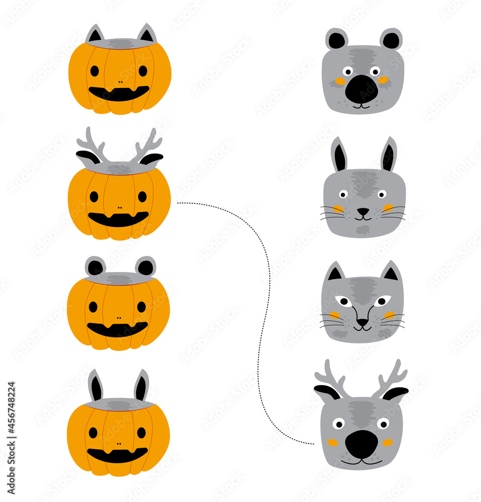 Set of funny animals in orange pumpkin costume for halloween holiday. Illustration in a flat style on a white background. Animals hid in pumpkins, guess where which animal is