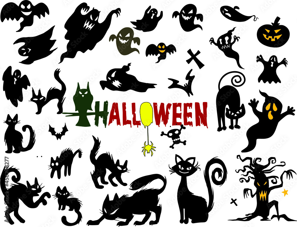 Set of Halloween Scary silhouettes black icons with witch, cat, raven, hat, ghosts, bats, candle, pumpkin, spider, cobweb, skull and bones. Vector illustration in flat style isolated background