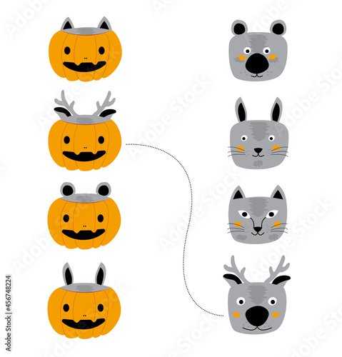 Set of funny animals in orange pumpkin costume for halloween holiday. Illustration in a flat style on a white background. Animals hid in pumpkins, guess where which animal is
