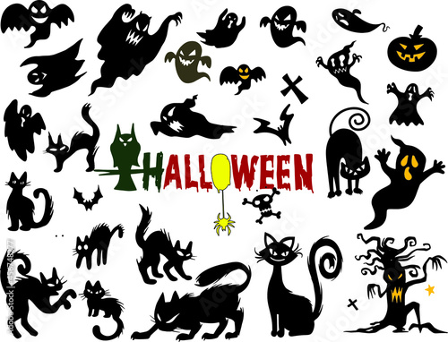Set of Halloween Scary silhouettes black icons with witch, cat, raven, hat, ghosts, bats, candle, pumpkin, spider, cobweb, skull and bones. Vector illustration in flat style isolated background