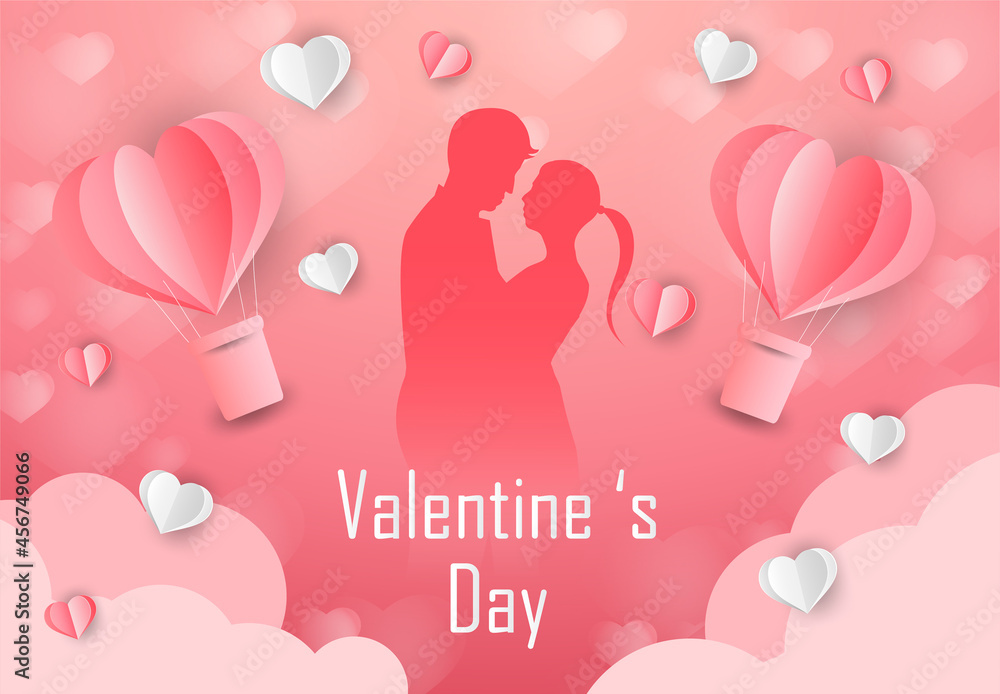 Love and Valentine day,Lovers stand in the meadows and a paper art heart shape balloon floating in the sky. craft style.