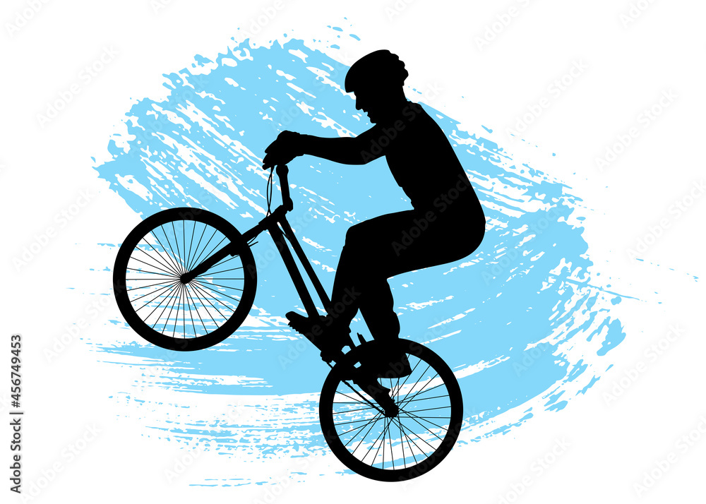 Fototapeta premium Cyclist performs stunt front pull on bicycle. Silhouette of man and bike. Brush stroke. Vector illustration