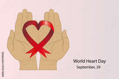 Red ribbon in a Heart shape on hands, isolated on pink background. World Heart Day concept. Vector illustration.