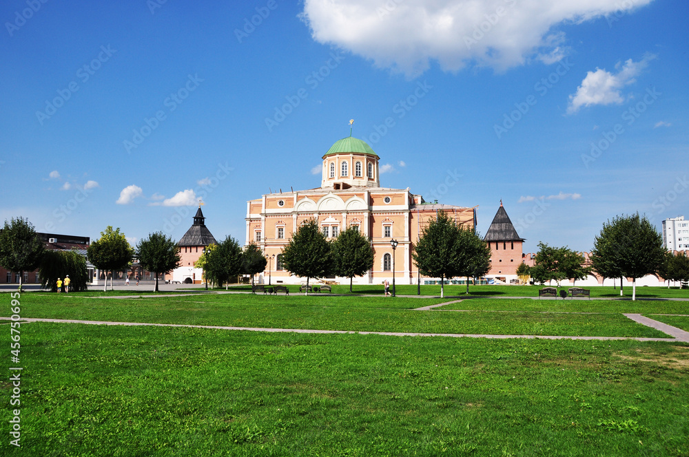 Panoramic view of the cathedral. The big cathedral on the territory of the Tula Kremlin. Summer, sunny day.