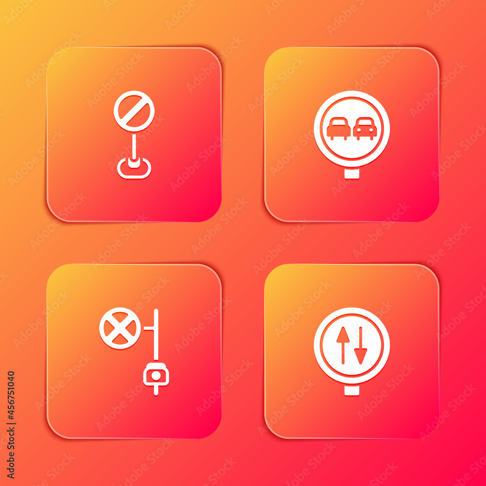 Set Stop sign, No overtaking road traffic, with camera and Road warning two way icon. Vector Set Stop sign, No overtaking road traffic, with camera and Road warning two way icon. Vector