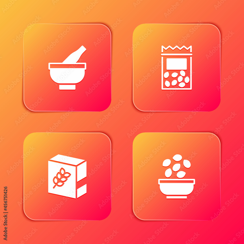 Set Mortar and pestle, Pack full of seeds of plant, Flour pack and Seeds in bowl icon. Vector Set Mortar and pestle, Pack full of seeds of plant, Flour pack and Seeds in bowl icon. Vector