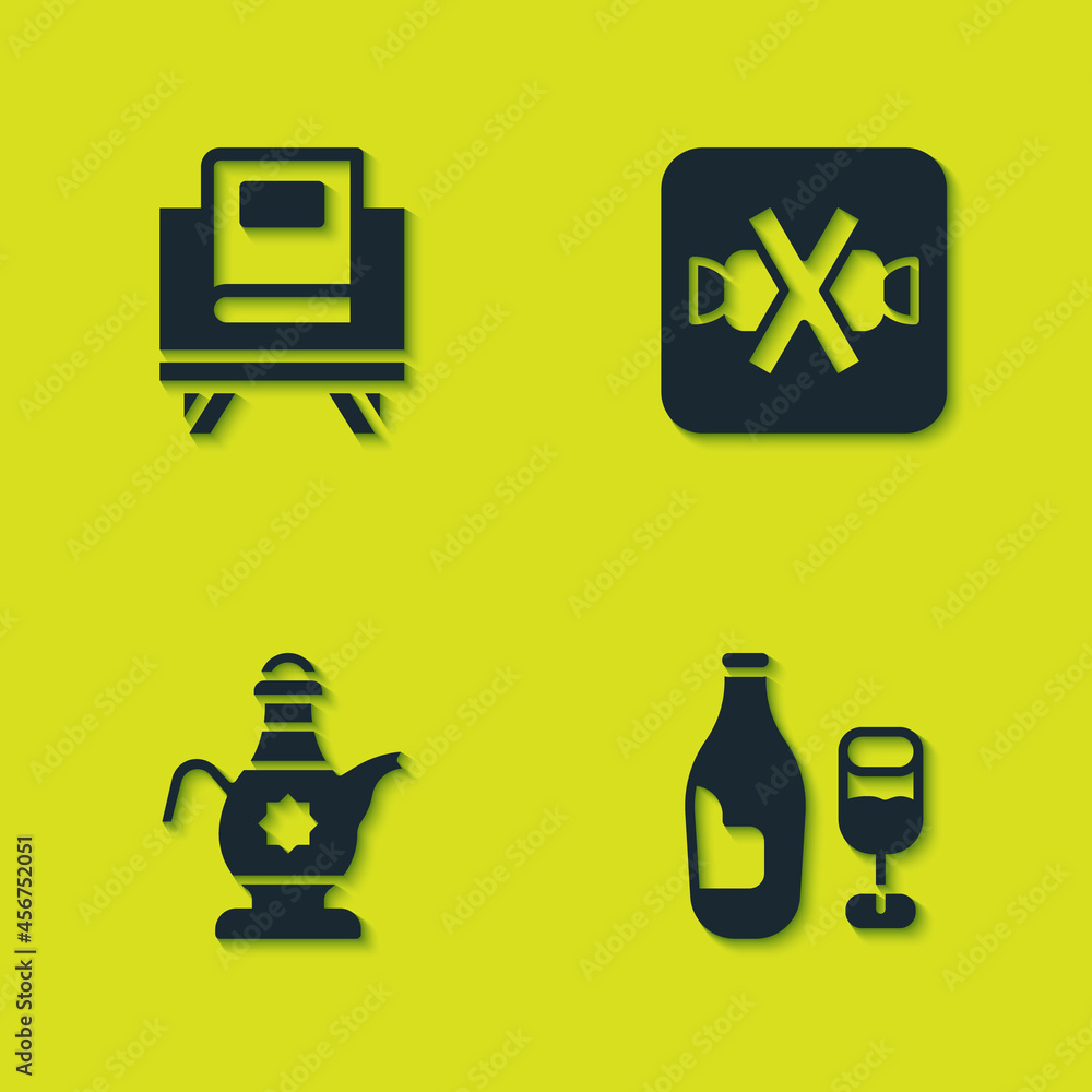 Set Holy book of Koran, Wine bottle with glass, Islamic teapot and No sweets icon. Vector Set Holy book of Koran, Wine bottle with glass, Islamic teapot and No sweets icon. Vector