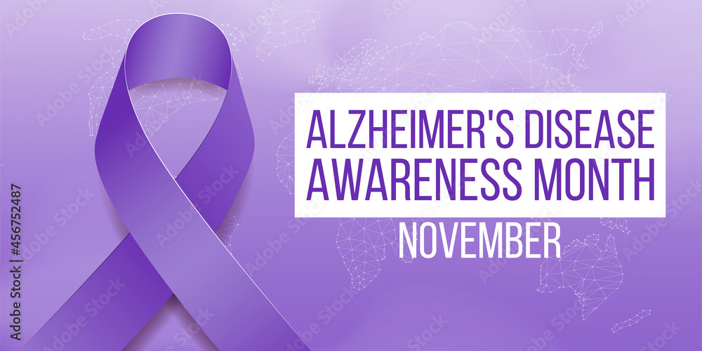 Fototapeta premium Alzheimer's disease awareness month concept. Banner template with purple ribbon and text. Vector illustration.