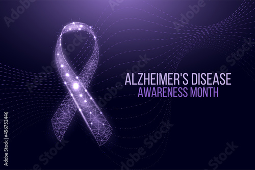 Alzheimer's disease awareness month concept. Banner template with purple ribbon and text.  Vector illustration.