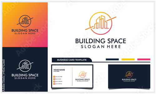 line art building architecture with space planet logo concept and business card template