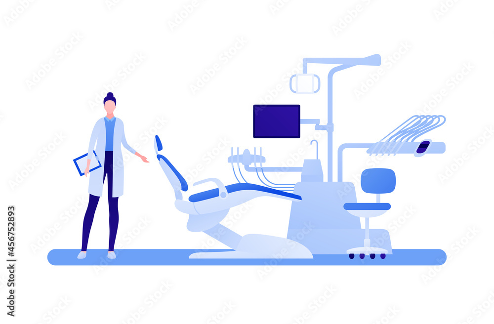 Dental clinic concept. Vector flar healthcare illustration. Dentistry hospital chair with drill, lamp equipment. Female dentrist doctor character. Design for oral health care Dental clinic concept. Vector flar healthcare illustration. Dentistry hospital chair with drill, lamp equipment. Female dentrist doctor character. Design for oral health care