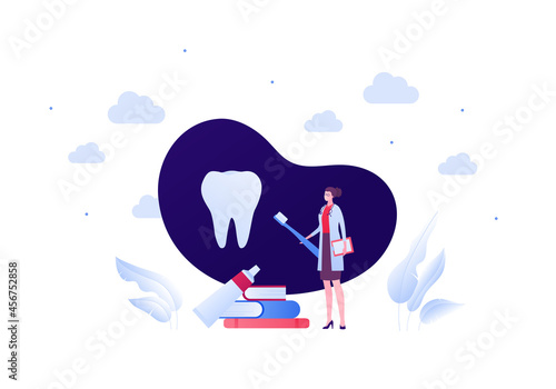 Toothbrush and dental healthcare routine concept. Vector flat people illustration. Female dentist doctor hold teeth brush isolated on white background. Tooth, toothpaste symbol. Design for healthcare.