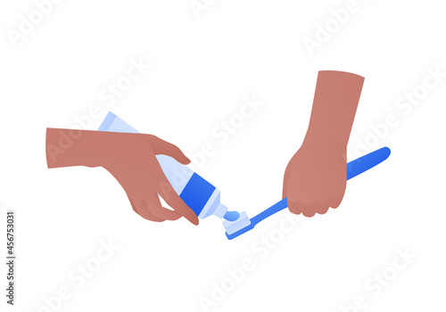 Toothbrush and dental morning routine concept. Vector flat people illustration. Human hand hold teeth brush and toothpaste isolated on white background. Design for healthcare.