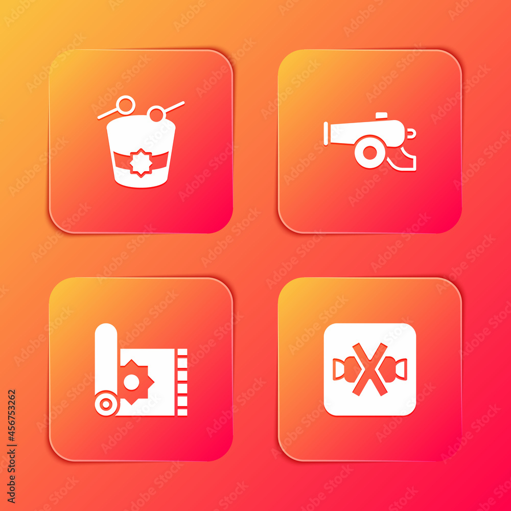 Set Ramadan drum, cannon, Traditional carpet and No sweets icon. Vector Set Ramadan drum, cannon, Traditional carpet and No sweets icon. Vector