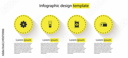 Set Gear and lightning, LED bulb, Bio fuel barrel and Solar energy panel. Business infographic template. Vector