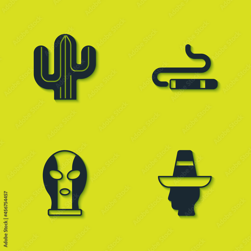 Set Cactus, Mexican man sombrero, wrestler and Cigar icon. Vector Set Cactus, Mexican man sombrero, wrestler and Cigar icon. Vector