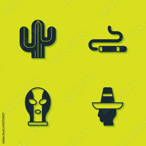 Set Cactus, Mexican man sombrero, wrestler and Cigar icon. Vector