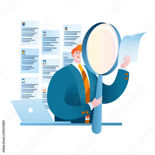 HR Manager uses a magnifying glass to view various resumes. Vector illustration in cartoon style.
