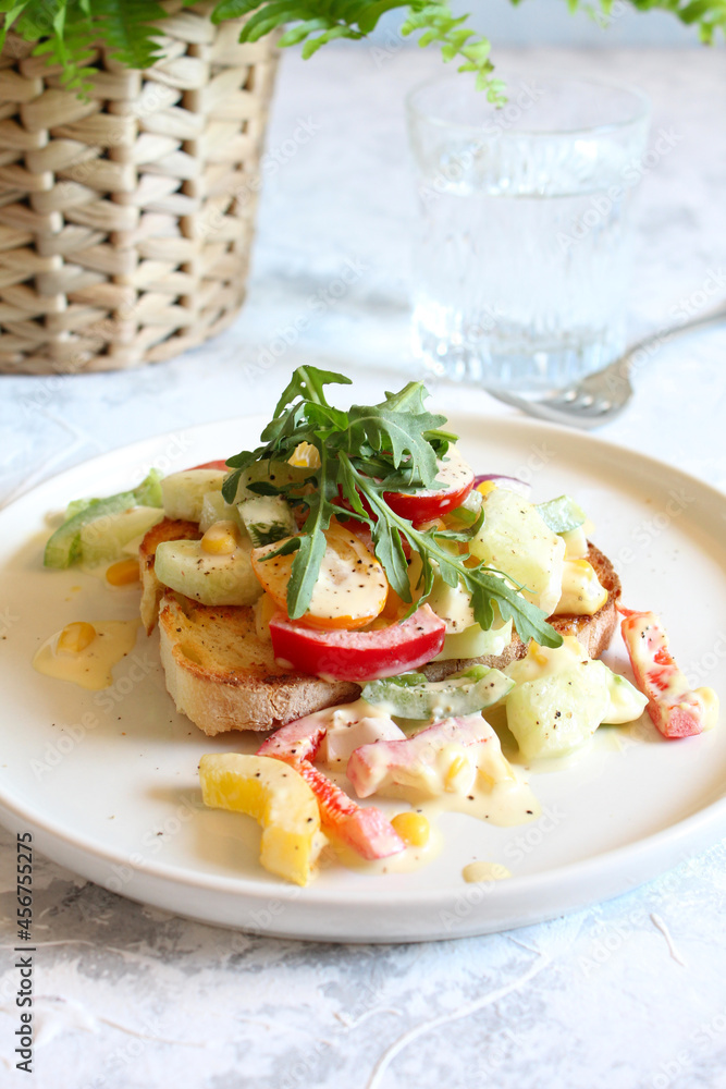 Sandwich with fresh vegetables salad. Top view. Healthy food. Sandwich with fresh vegetables salad. Top view. Healthy food.