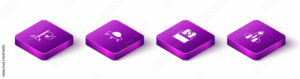 Set Isometric Moon with flag, UFO flying spaceship, Astronomical observatory and Rocket icon. Vector Set Isometric Moon with flag, UFO flying spaceship, Astronomical observatory and Rocket icon. Vector