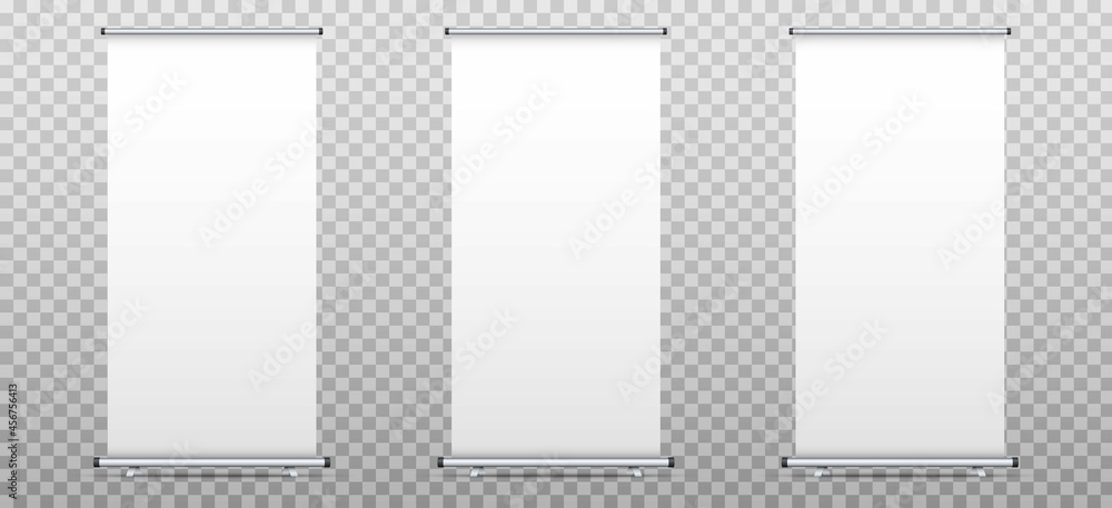Roll up banner stand set isolated on transparent background. Realistic advertising billboard banners. Three white poster mockup. Template design concept for presentation, exhibition, advertising Roll up banner stand set isolated on transparent background. Realistic advertising billboard banners. Three white poster mockup. Template design concept for presentation, exhibition, advertising