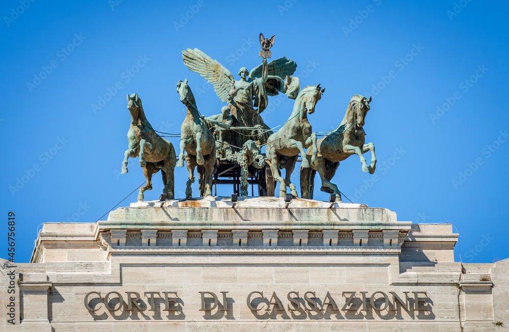 The great bronze quadriga, above the facade of the Palace of Justice in Rome, Italy. Set there in 1926, it's the work of the Sicilian sculptor Ettore Ximenes.