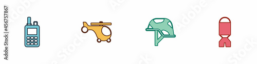 Set Walkie talkie, Helicopter, Military helmet and Rocket launcher icon. Vector