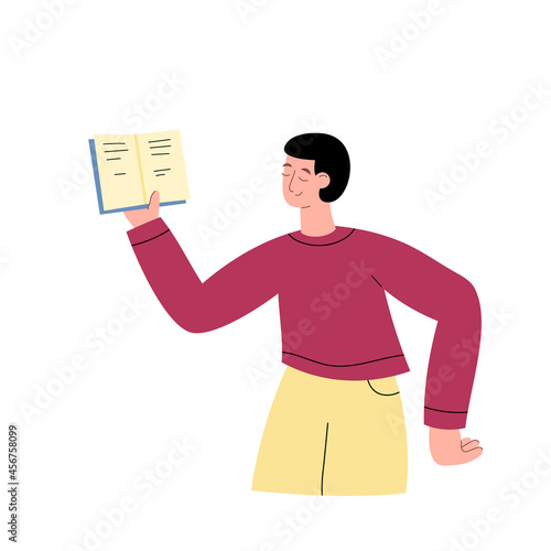Man holding book in one hand and reading, flat vector illustration isolated.