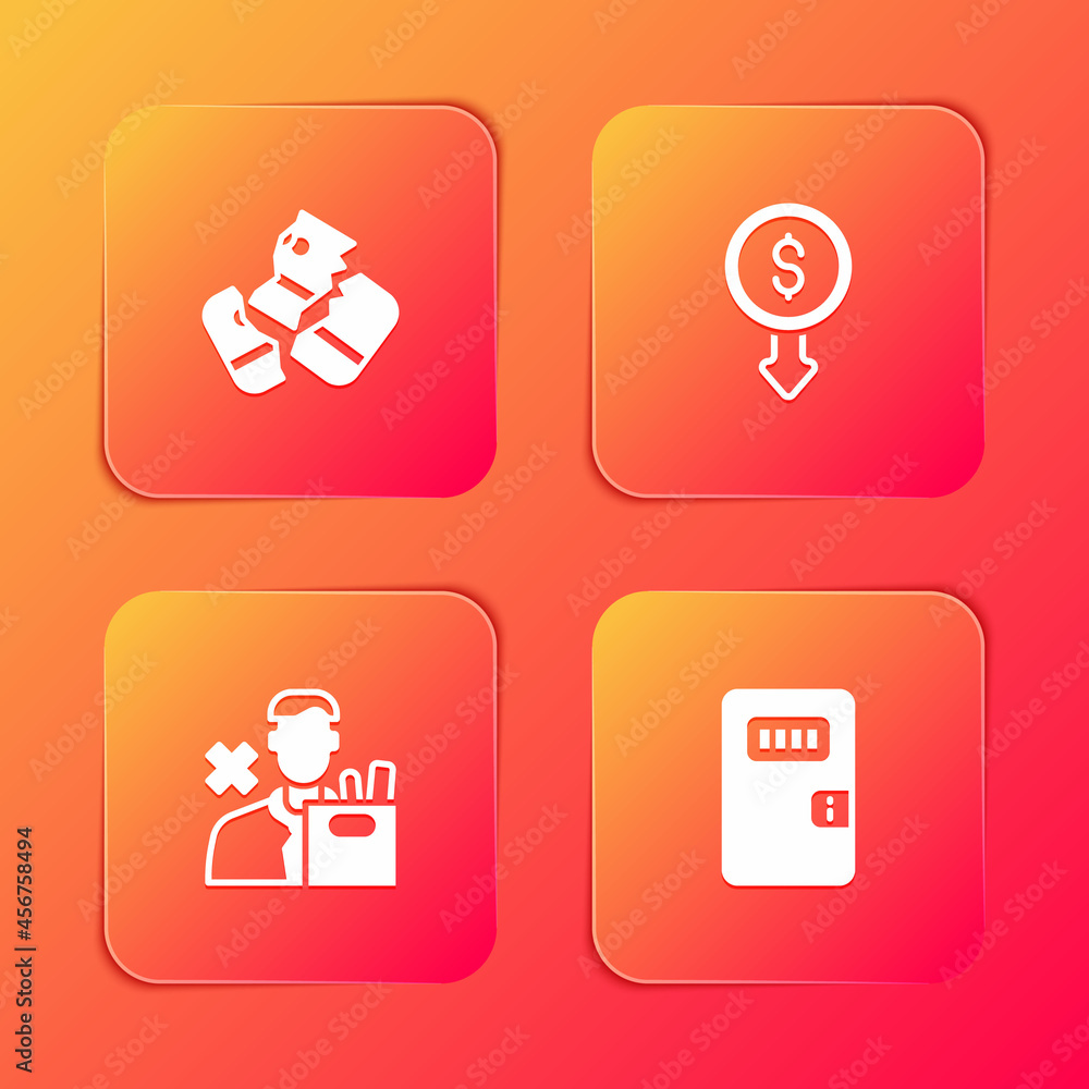 Set Credit card, Dollar rate decrease, Employee dismissal and Prison cell door icon. Vector Set Credit card, Dollar rate decrease, Employee dismissal and Prison cell door icon. Vector